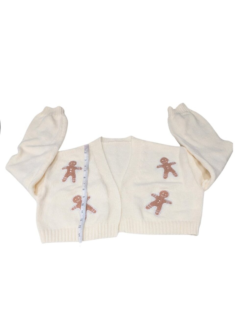 Gingerbread Christmas Cropped Cardigan Sweater Ivory Size M - Picture 5 of 6